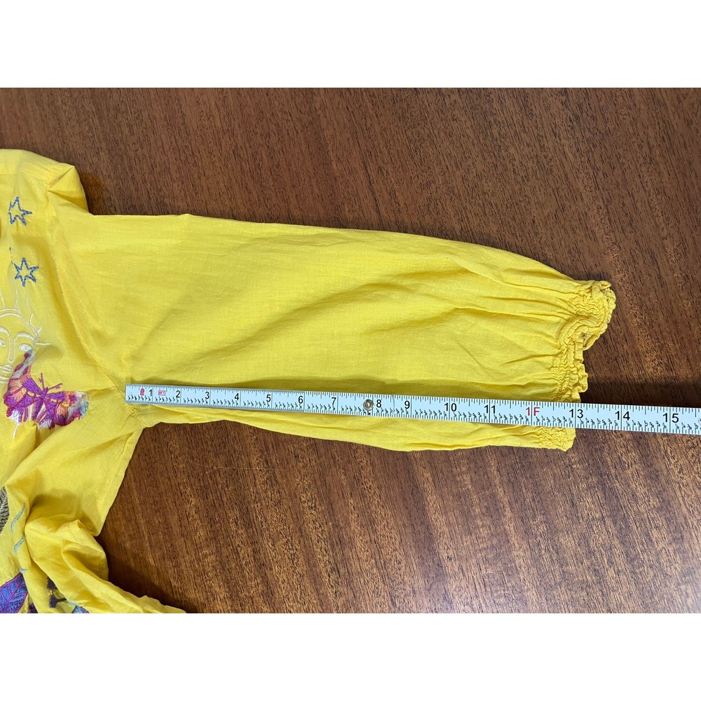 Johnny Was Workshop Yellow Cotton Embroidered Floral Sun Butterfly Shirt Small - Picture 9 of 16